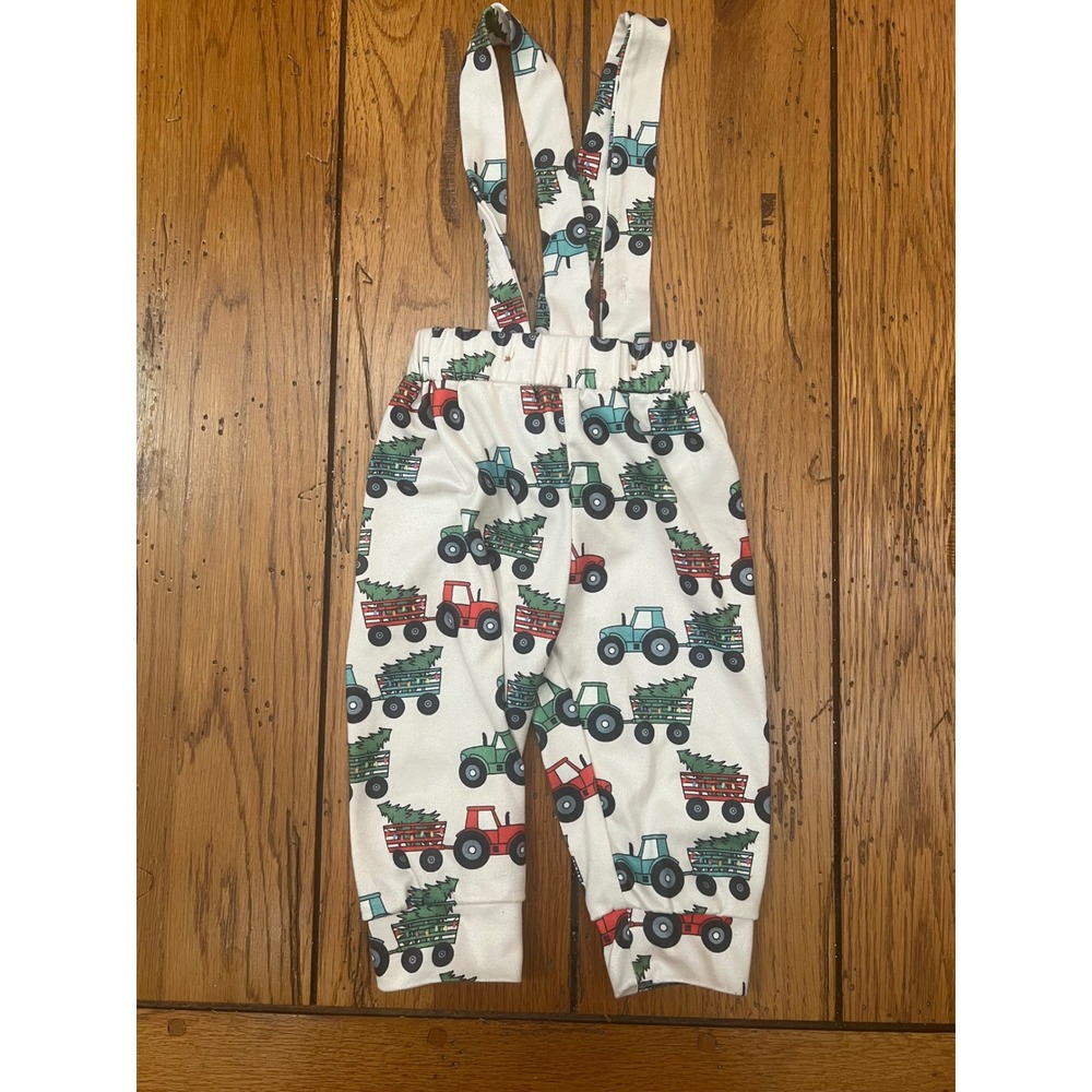 Christmas Tractor Suspender Pants Infant 0-3M Holiday Tree Farm Joggers Cream